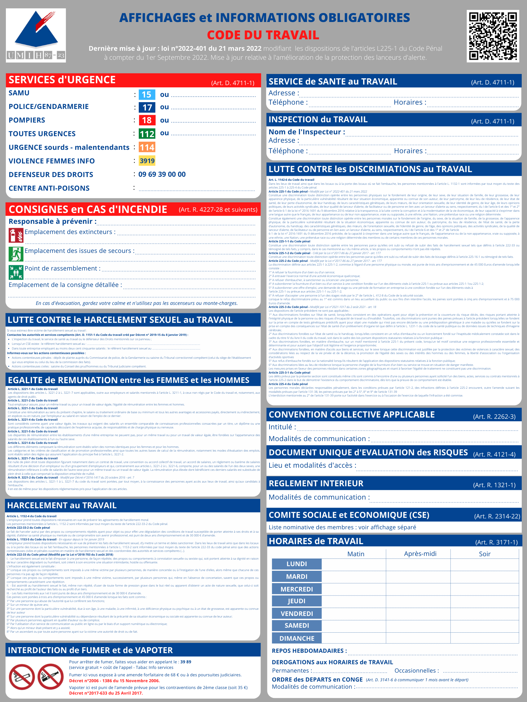 CODE DU TRAVAIL Affichage Obligatoire